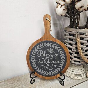 Rustic Slate & Wood Paddle Cutting Board – “Bless This Kitchen”